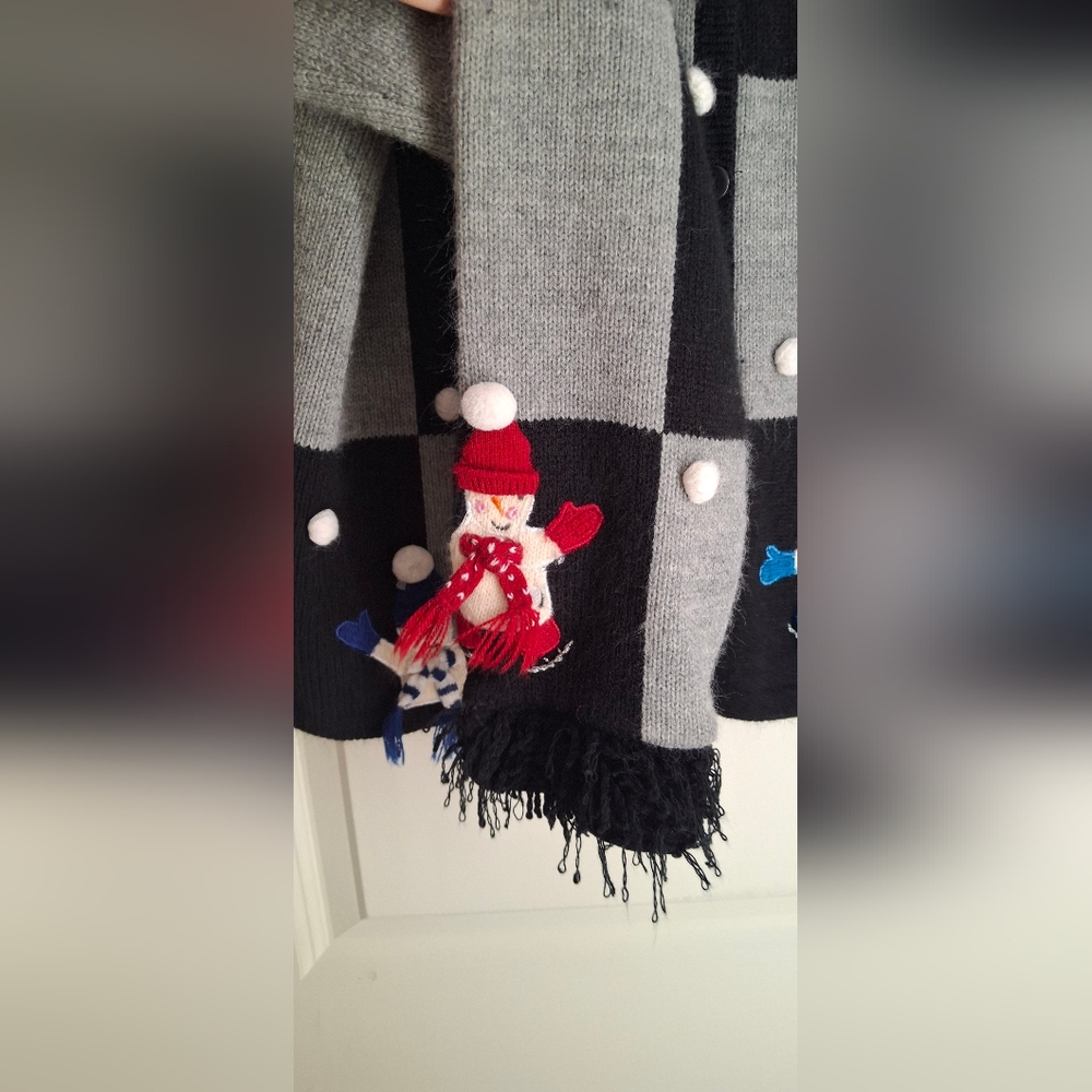 Karen Scott Women Patchwork Winter Snowman Fringe Wacky Cardigan Sweater PL - Picture 9 of 10